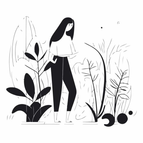 Vector illustration of a woman in the garden. The girl is walkin