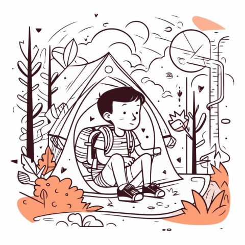 Camping in the woods of a boy sitting in a tent.