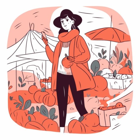 Vector illustration of a young woman walking in the autumn park