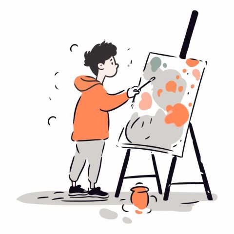 Illustration of a young artist painting a picture on easel.