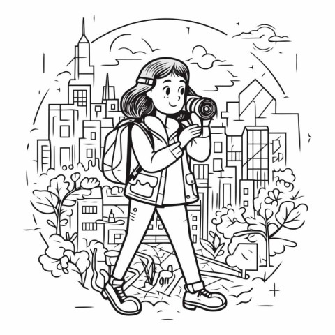 Female tourist taking photos of the city. Hand drawn vector illu