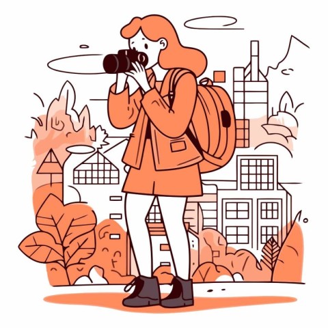 Vector illustration of a tourist girl with a camera in the city.