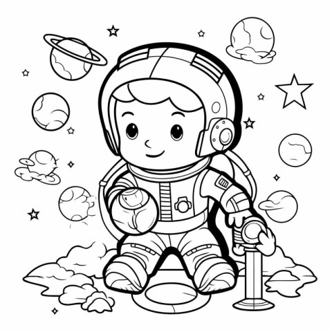 Coloring Page Outline Of a Kid Astronaut Vector Illustration