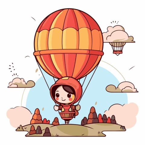 Cute little girl flying in hot air balloon.