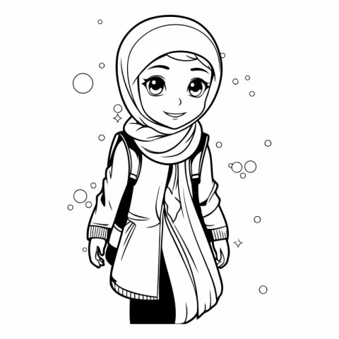 Cute muslim girl in hijab for coloring book.