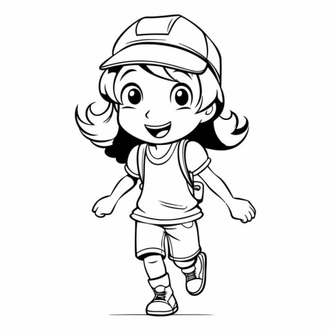 Cute little girl in baseball cap and shorts cartoon vector illus