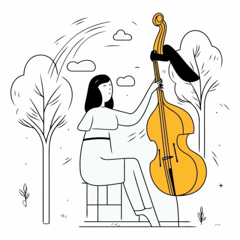 Woman playing cello in the park. Hand drawn vector illustration.