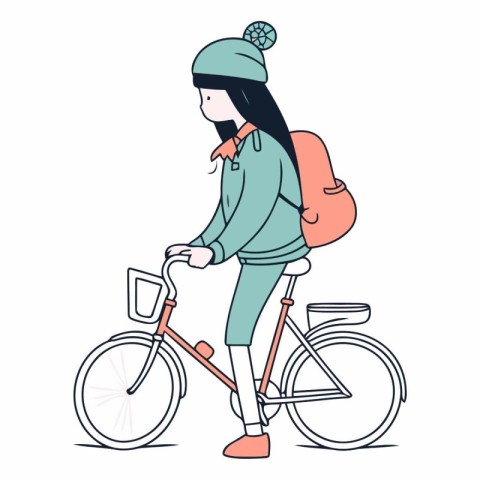 Vector illustration of a girl in a warm coat rides a bicycle.