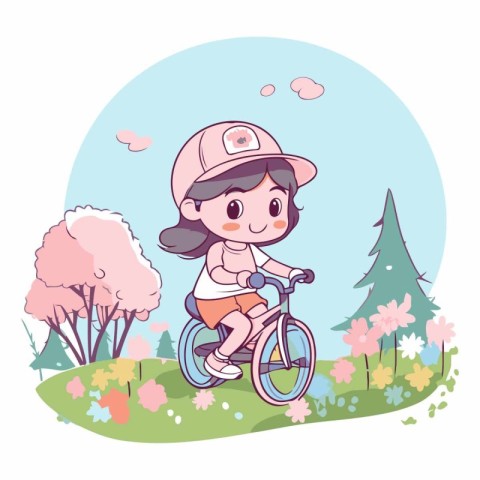 Girl riding bicycle in the park. Cute cartoon vector illustratio