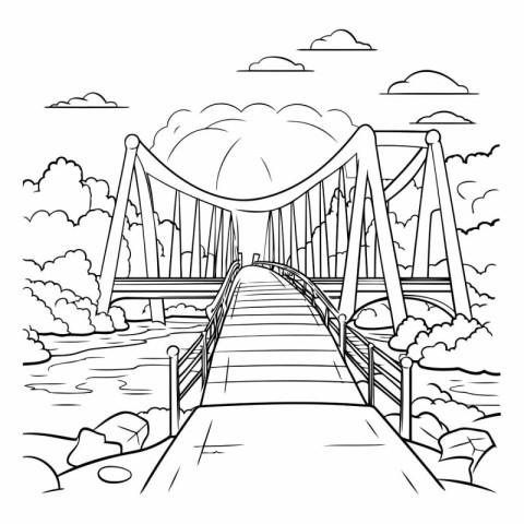 Bridge over the river. Black and white vector illustration for c