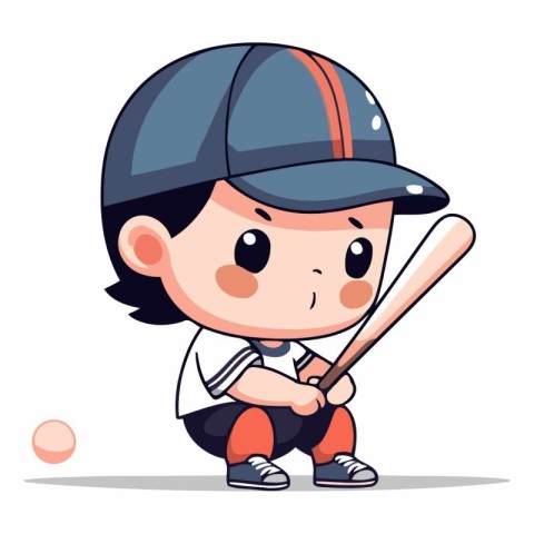 Baseball player boy with ball and bat. Cute cartoon vector illus