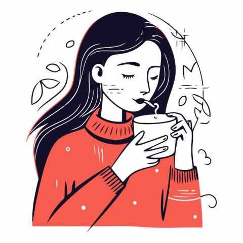 Vector illustration of a girl in a red sweater with a cup of cof