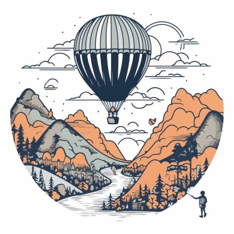 Hand drawn vector illustration of a hot air balloon flying over