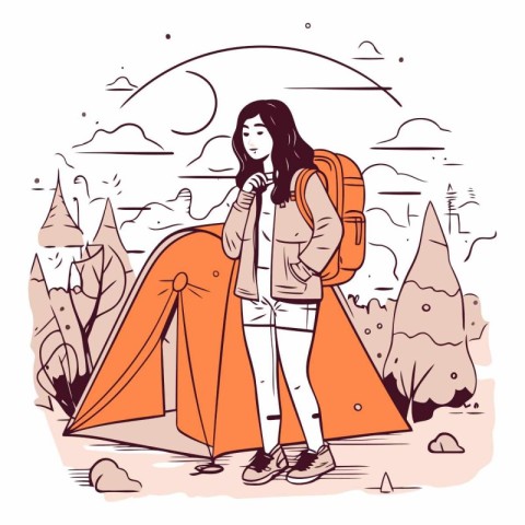 Tourist girl with a backpack and tent in the mountains.