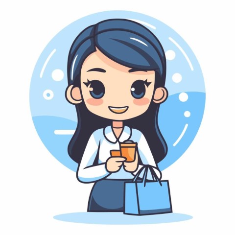 Cute girl holding coffee cup and shopping bag.