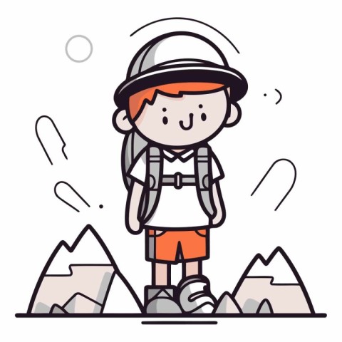 Boy with backpack and helmet hiking in mountains. Vector line ar