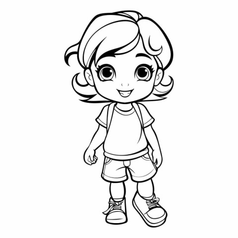 Cute little girl cartoon on white background for coloring book.