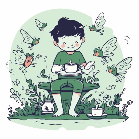 Boy with a cup of tea in the garden.