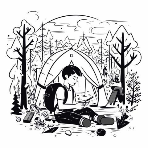 Camping. hiking. travel. adventure concept of a young man sittin