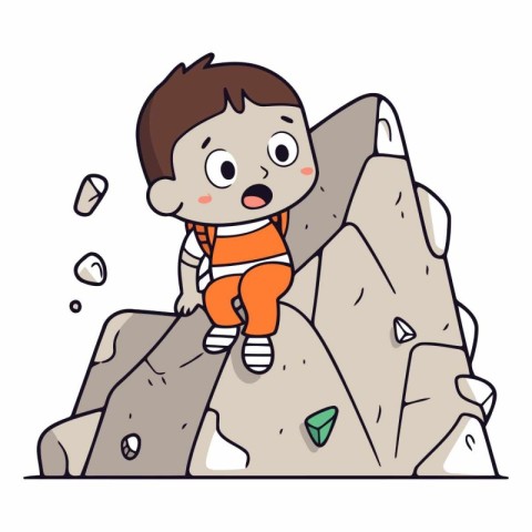 Little boy climbing on a rock. Cute cartoon vector illustration.