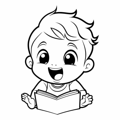 Happy Baby Boy Reading Book - Black and White Cartoon Illustrati