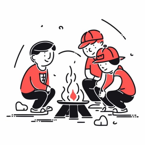 Camping concept. Two boys sitting on a bonfire and cooking