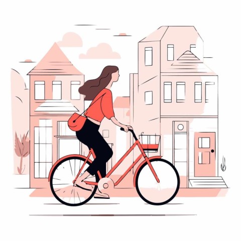 Young woman riding a bicycle in the city in flat style