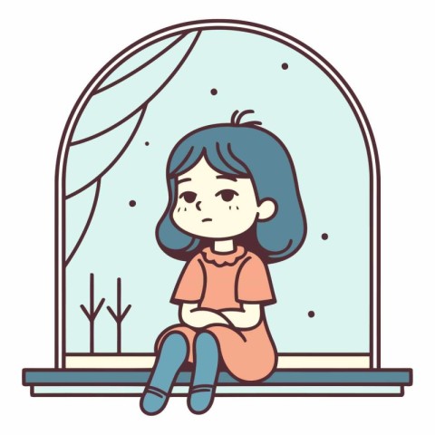 Sad little girl sitting on the window in flat style.