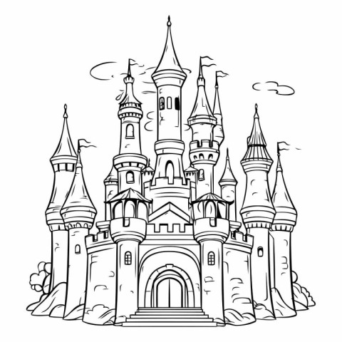 Fairy tale castle. Black and white vector illustration for color