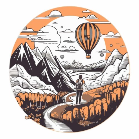 Hiking in the mountains with a hot air balloon.