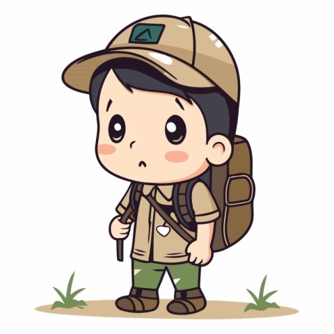 Boy in safari outfit with hat and backpack.