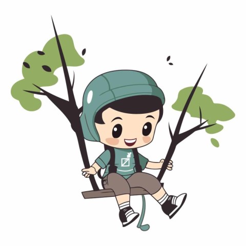 Cute boy riding a swing on a tree.