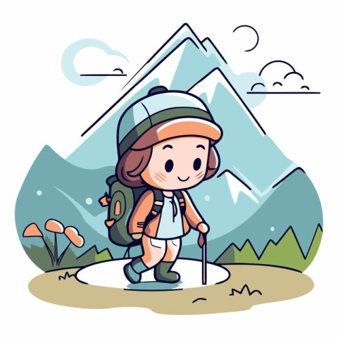 Hiking girl in the mountains of a cartoon character.