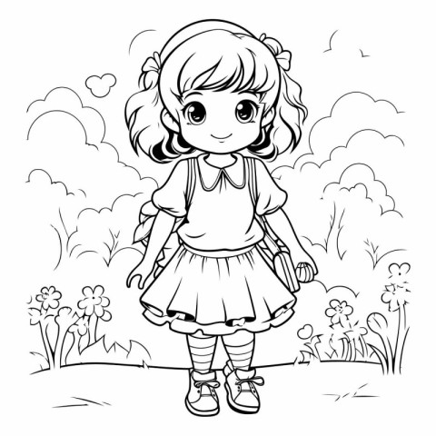 Cute little girl in the park for coloring book.