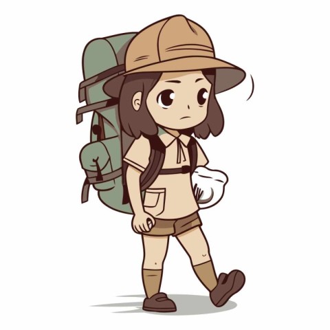 illustration of a hiker with a backpack and hat on a white backg