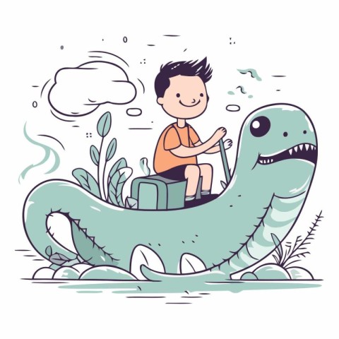 Cute little boy riding a giant dinosaur in cartoon style.