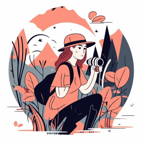 Tourist girl with camera on nature in flat style