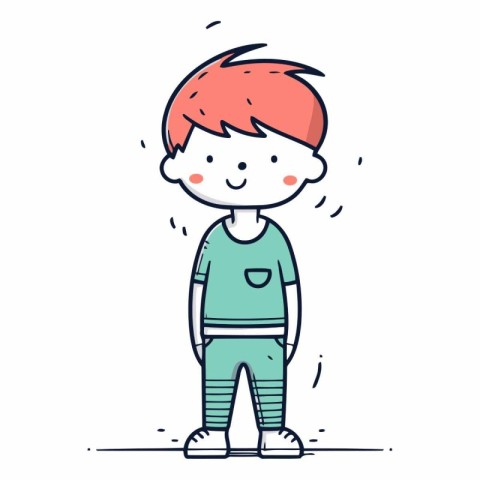 Cute little boy in sportswear. Vector line illustration.