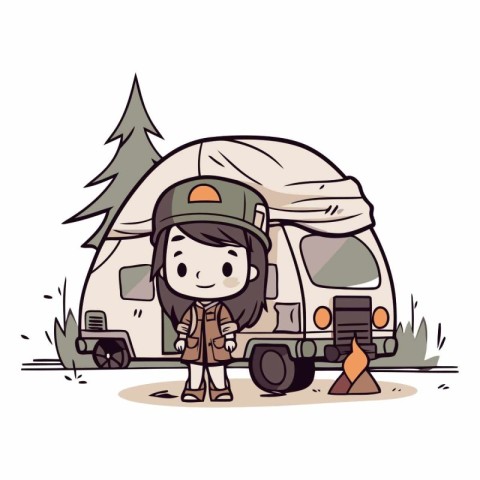 Vector illustration of a little girl in a camper. camping.