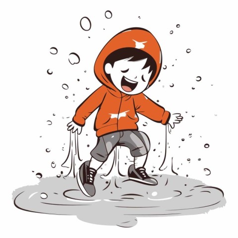 Cute boy playing in puddles. Cartoon vector illustration.