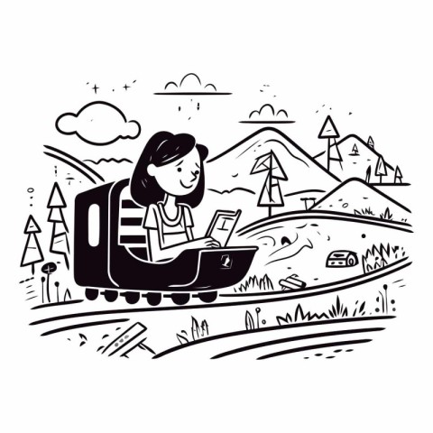 Vector illustration of a girl with a laptop on the road in the m