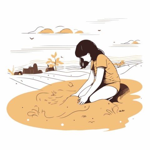 Young woman sitting on the sand in the field.