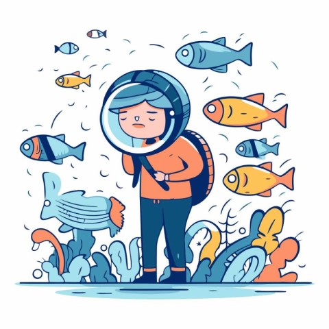 Vector illustration of a boy in a spacesuit looking at fish.