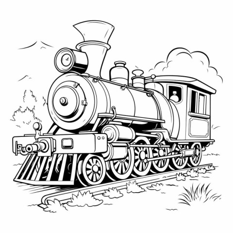 Steam locomotive on the rails. Monochrome vector illustration.