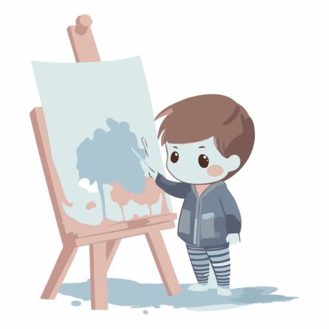 cute little boy painting a picture on easel vector illustration