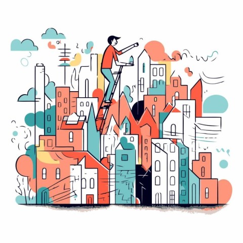 Vector illustration of a man on a ladder in the city. Flat style