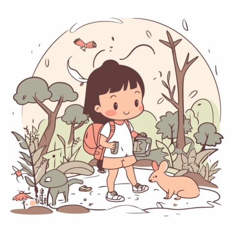 Cute little girl hiking in the forest. Vector hand drawn illustr