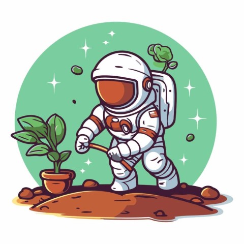 Astronaut planting a plant in the ground.