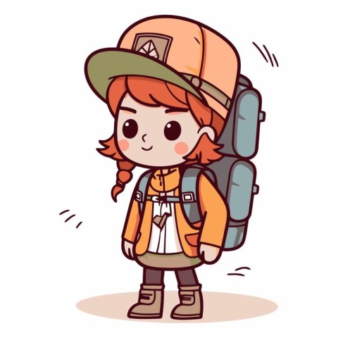 Cute tourist girl with backpack in cartoon style.