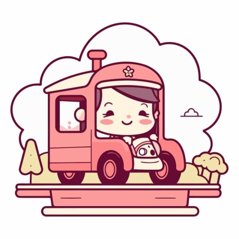 Cute little girl riding a toy train. Vector flat illustration.